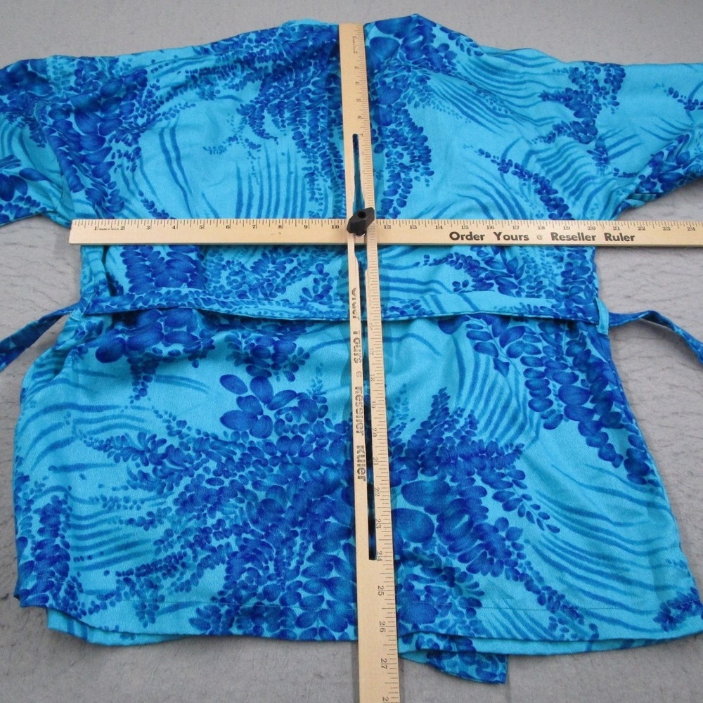 Otaheite Maui Vintage Blue Tropical Floral Kimono Robe Wrap Top Short Hawaiian - Picture 5 of 10